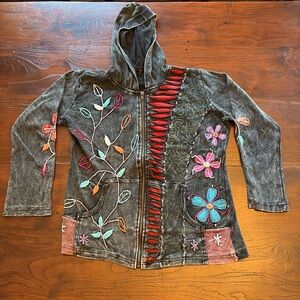 Rising International Patchwork Embroidered Hoodie Sweatshirt gray & multi